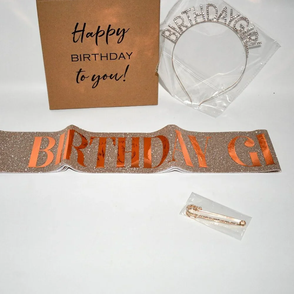 ADBetty Birthday Girl Sash & Rhinestone Headband Set – Rose Gold Glitter, NWT
